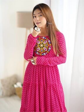 Stunning Hot Pink Leheriya Gown | Full Flare